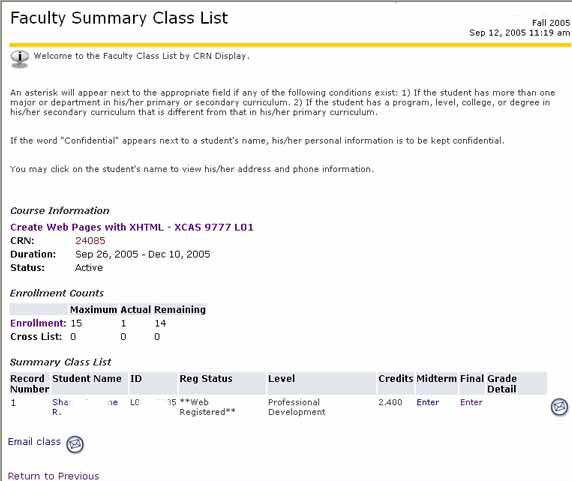 faculty summary class list